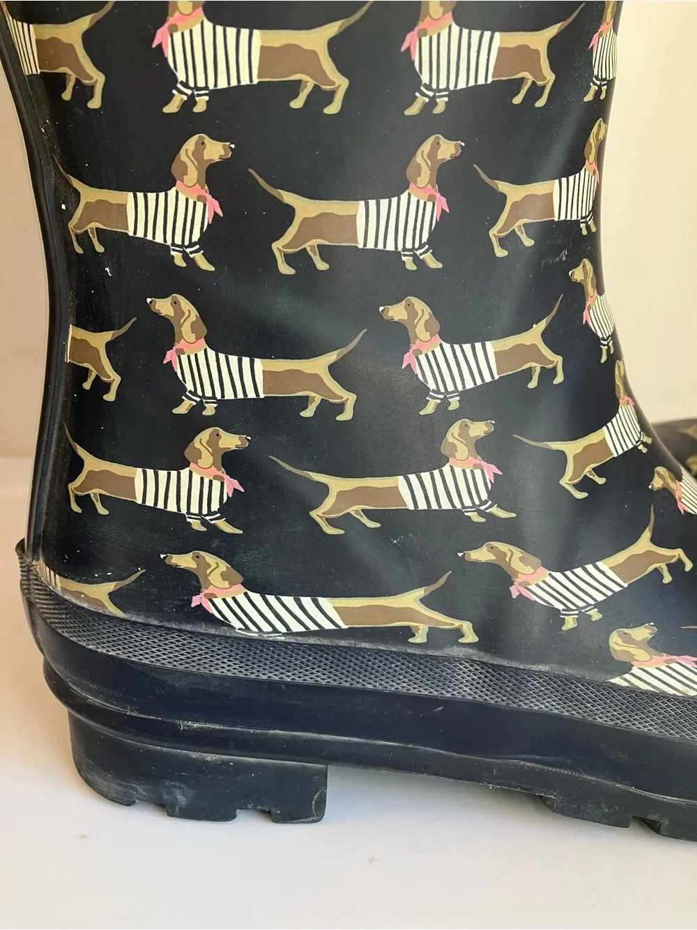Joules Black tan Dachshund Weiner Dog Print Tall Rain Boots Wellies women’s 7